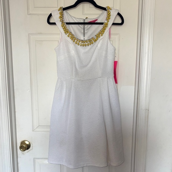 Betsey Johnson Dresses & Skirts - Betsey Johnson White Yellow Jeweled Flare Dress Size 8